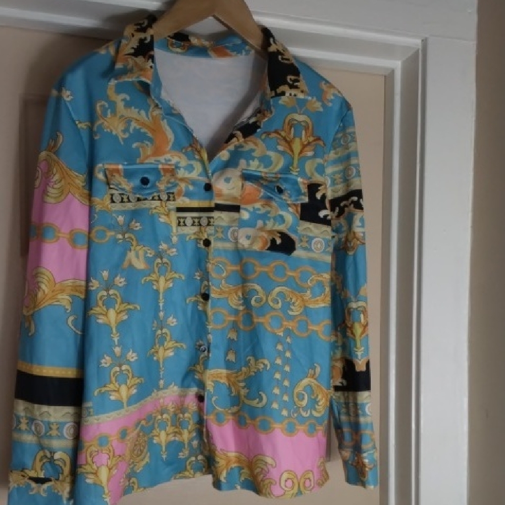 Vibrant Blue and Pink Blazer with Decorative Print